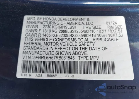 2024 Honda Odyssey Ex-L из США, поврежденный, VIN 5FNRL6H67RB031545